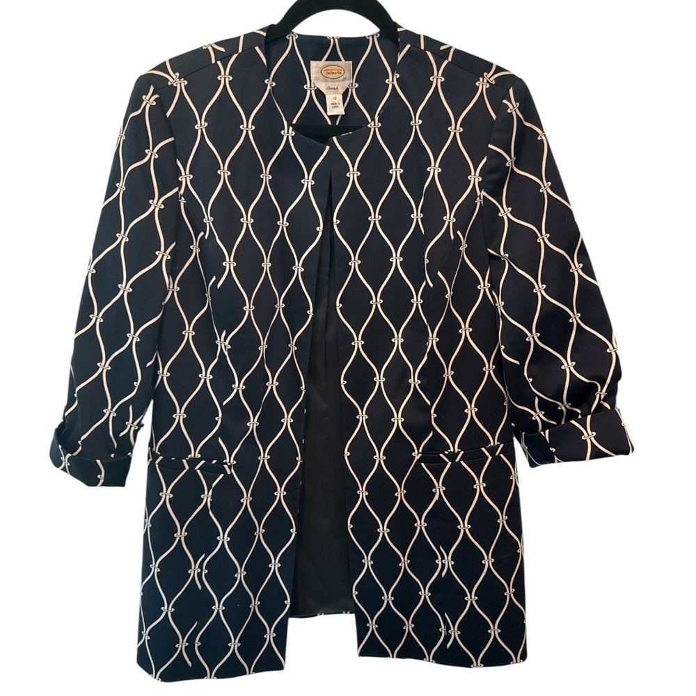 Talbots Stretch Navy Geometric Link Open Front Blazer Jacket Sz 12 Career